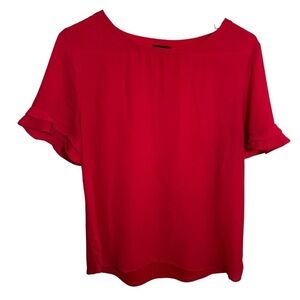 Ann Taylor Women's Size Medium Blouse Red Pink Short Ruffle Sleeve Boatneck